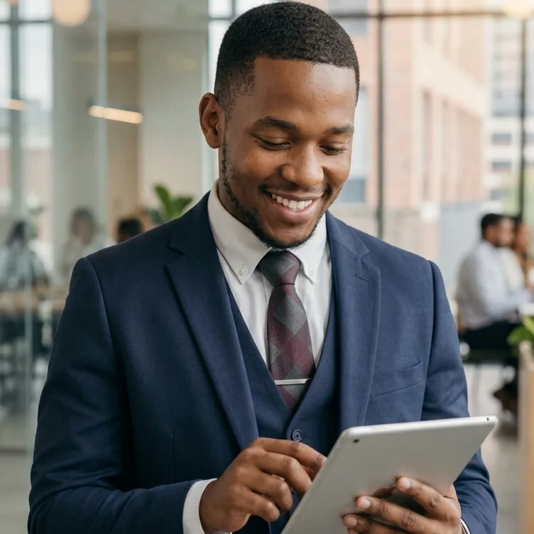 Businessman in a navy suit smiling at a tablet
